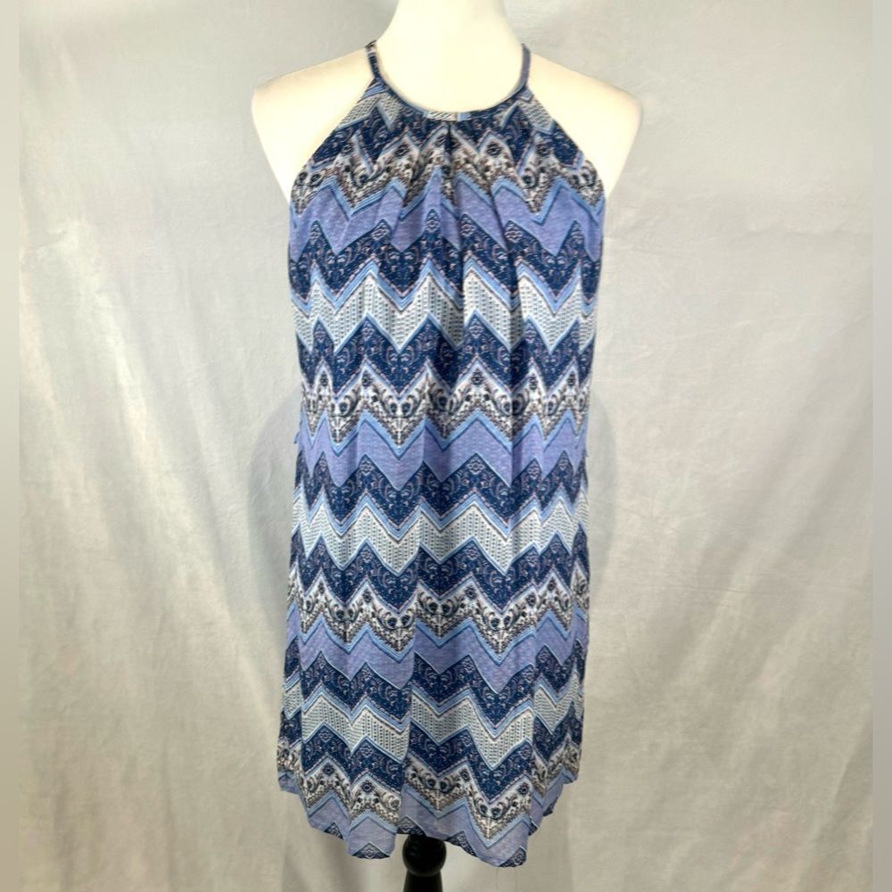 Periwinkle blue white and pink chevron print halter sundress size small